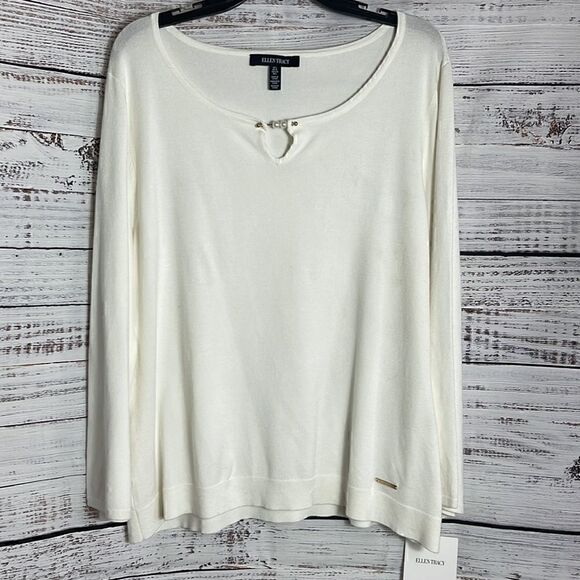 Ellen Tracy Sweater Womens Size L basic Long Sleeve pearl accent Ivory NWT - Picture 1 of 14